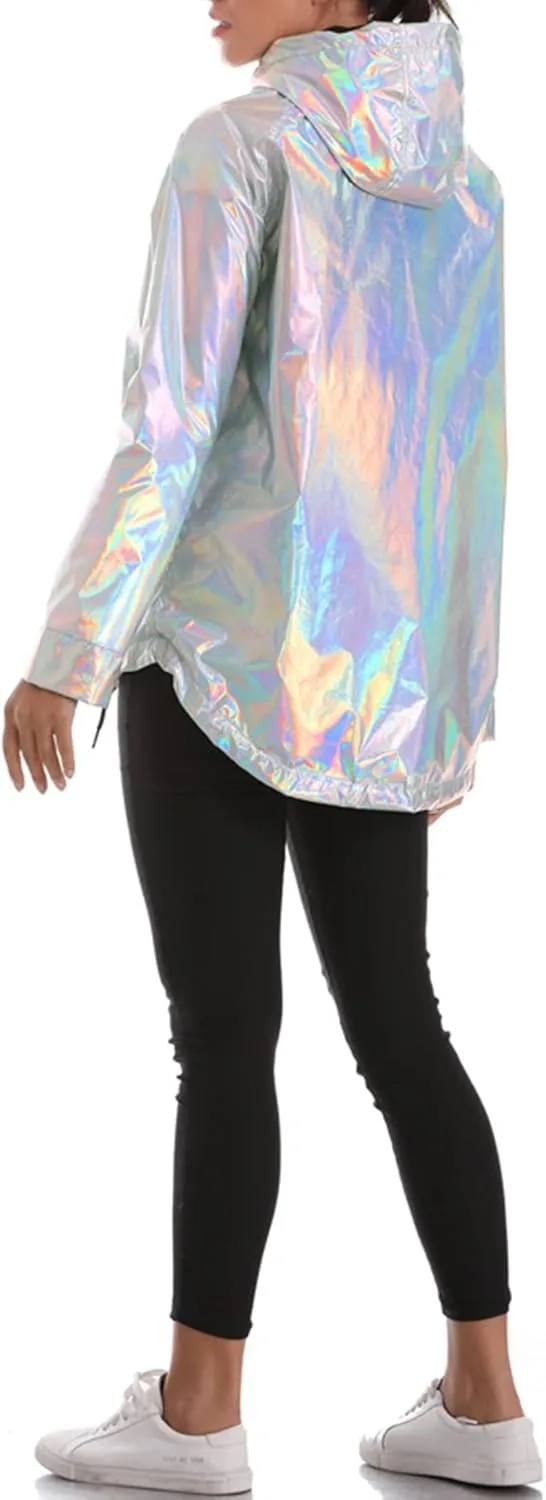 Womens Metallic Zip Up Club Hoodies Jacket Hooded Shiny Drawstring Windbreaker Zipper Rain Jacket