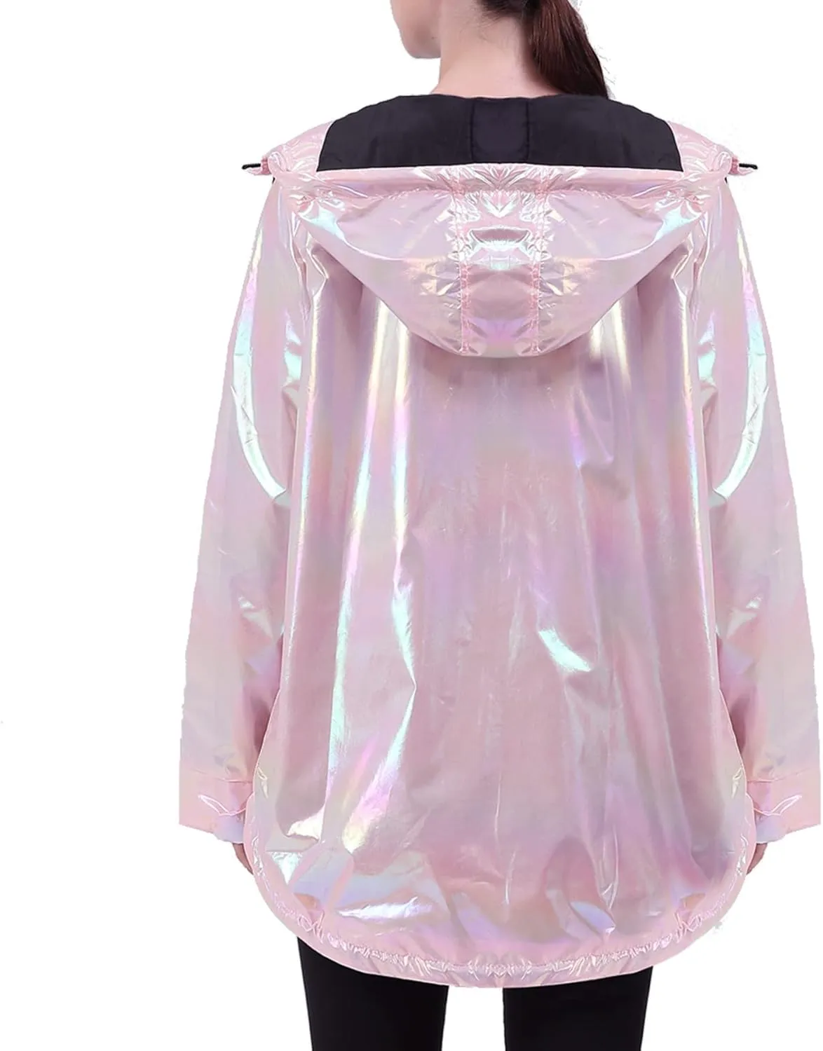 Womens Metallic Zip Up Club Hoodies Jacket Hooded Shiny Drawstring Windbreaker Zipper Rain Jacket
