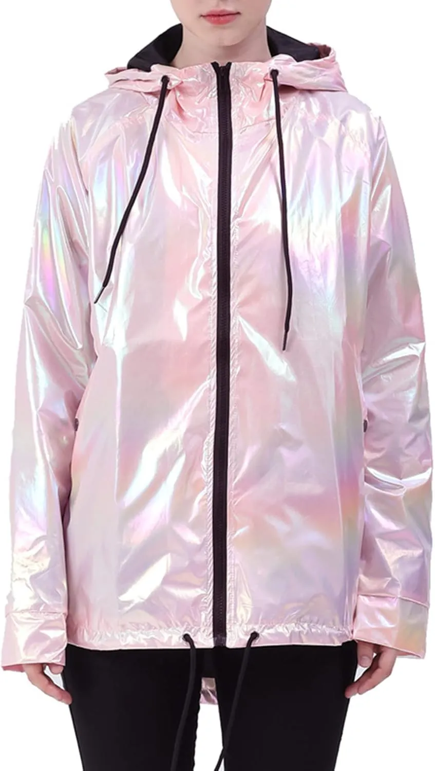 Womens Metallic Zip Up Club Hoodies Jacket Hooded Shiny Drawstring Windbreaker Zipper Rain Jacket
