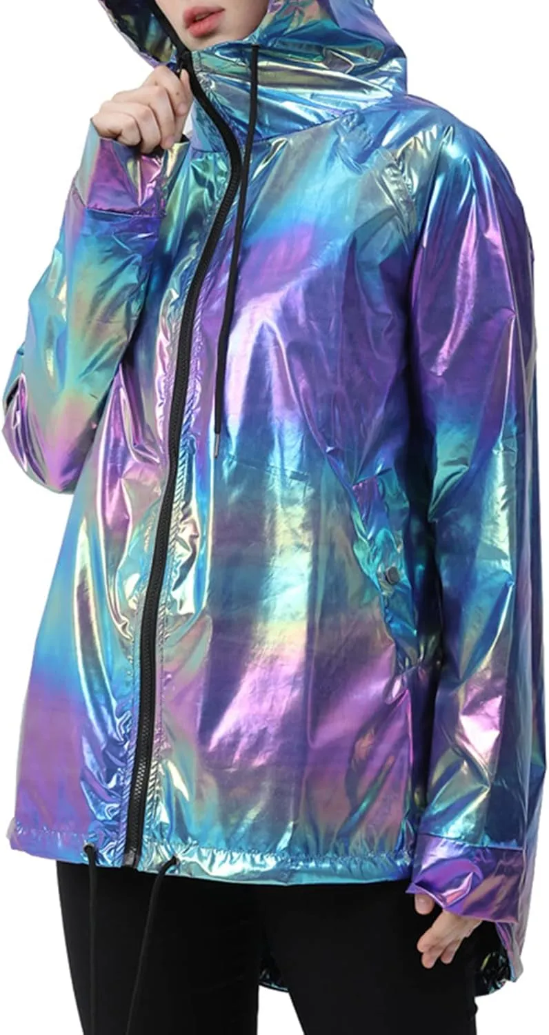 Womens Metallic Zip Up Club Hoodies Jacket Hooded Shiny Drawstring Windbreaker Zipper Rain Jacket