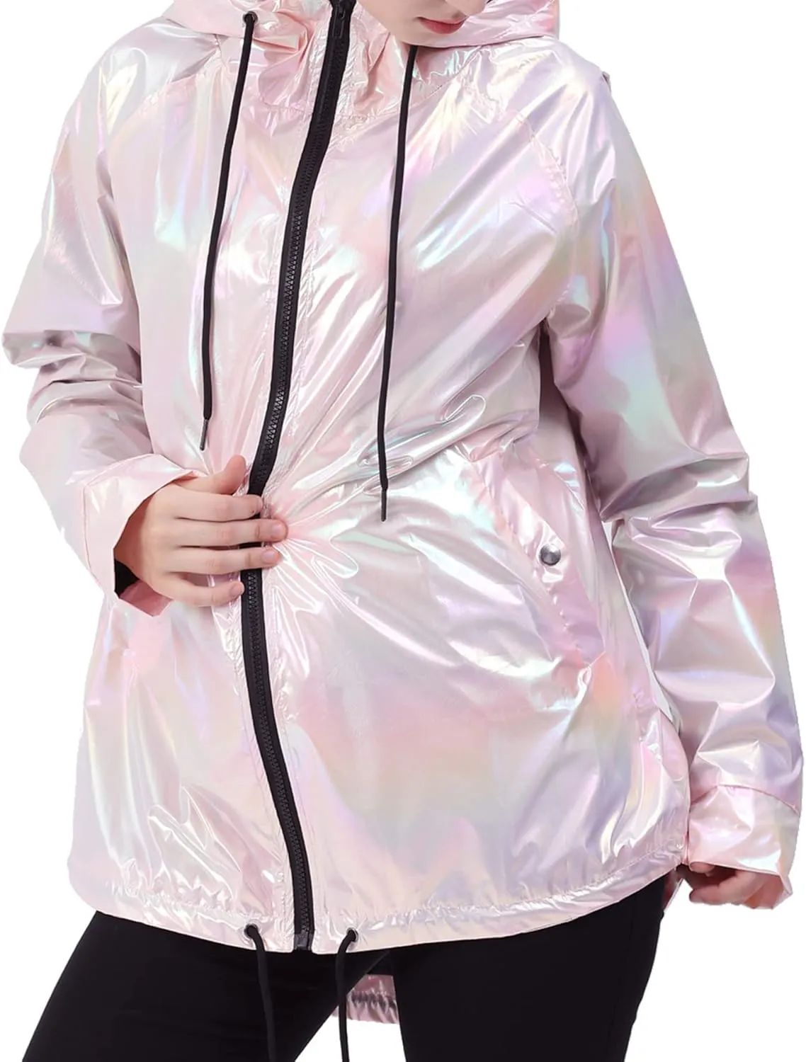 Womens Metallic Zip Up Club Hoodies Jacket Hooded Shiny Drawstring Windbreaker Zipper Rain Jacket