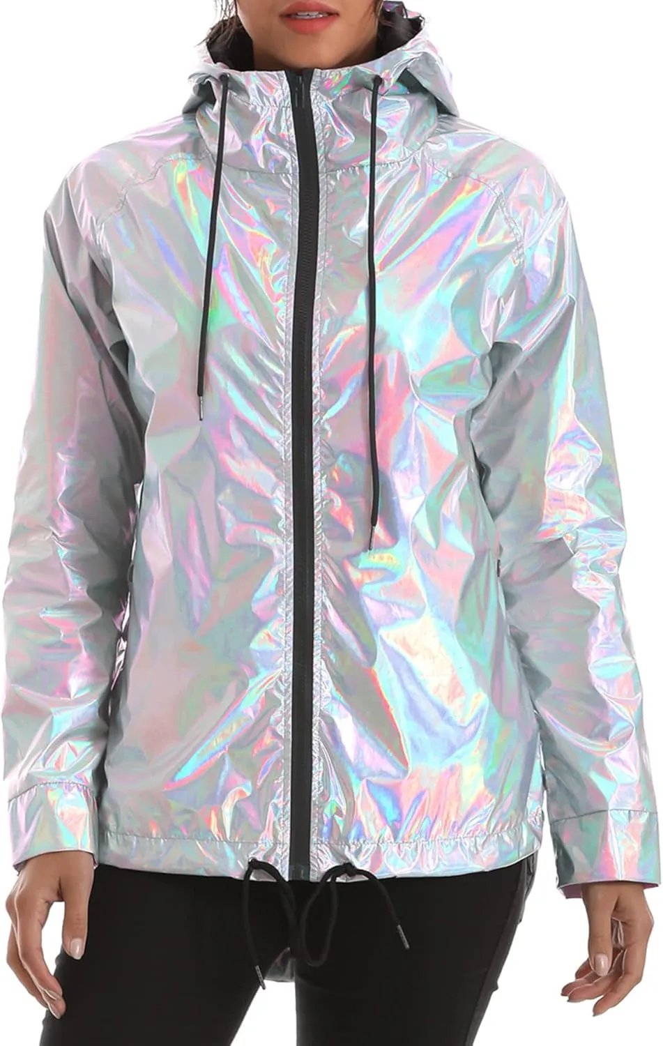 Womens Metallic Zip Up Club Hoodies Jacket Hooded Shiny Drawstring Windbreaker Zipper Rain Jacket