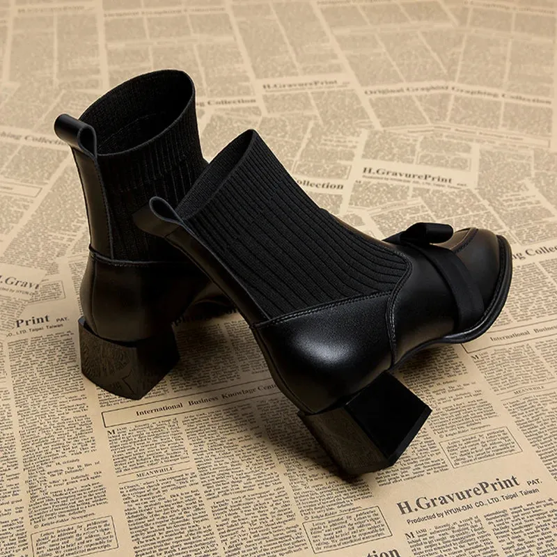 Women's Mid-Calf Bow-Embellished Chunky Heel Sock Boots – 2024 Winter Gothic Fashion Ankle Booties