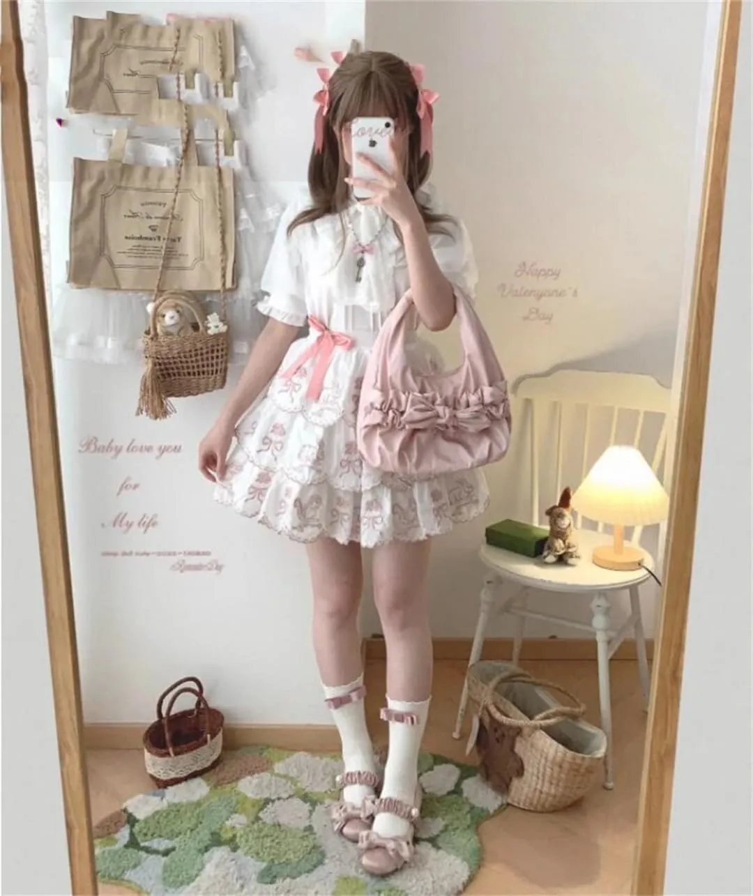 Women's Mini Skirt Rabbit Embroidery Cute Pleated Skirt Girls Multi-Layered Ruffle Cake Skirt