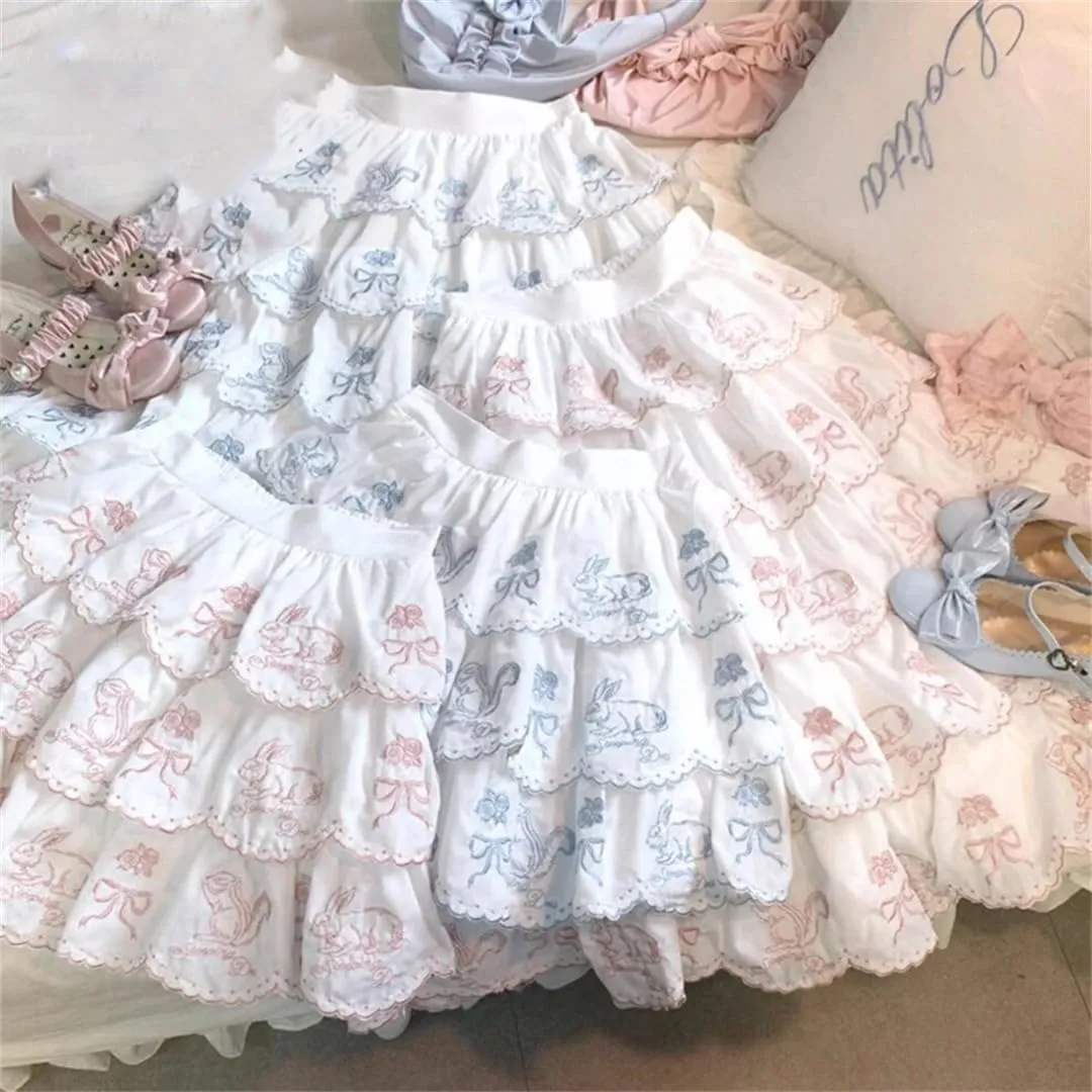 Women's Mini Skirt Rabbit Embroidery Cute Pleated Skirt Girls Multi-Layered Ruffle Cake Skirt