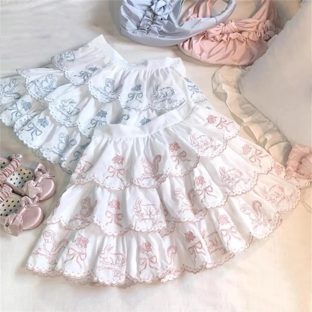 Women's Mini Skirt Rabbit Embroidery Cute Pleated Skirt Girls Multi-Layered Ruffle Cake Skirt
