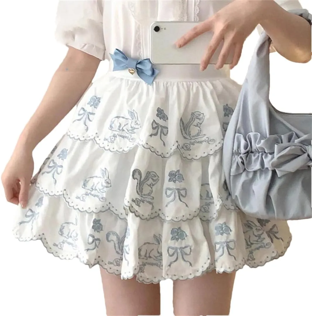 Women's Mini Skirt Rabbit Embroidery Cute Pleated Skirt Girls Multi-Layered Ruffle Cake Skirt