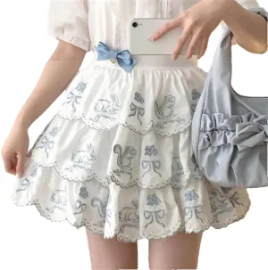 Women's Mini Skirt Rabbit Embroidery Cute Pleated Skirt Girls Multi-Layered Ruffle Cake Skirt