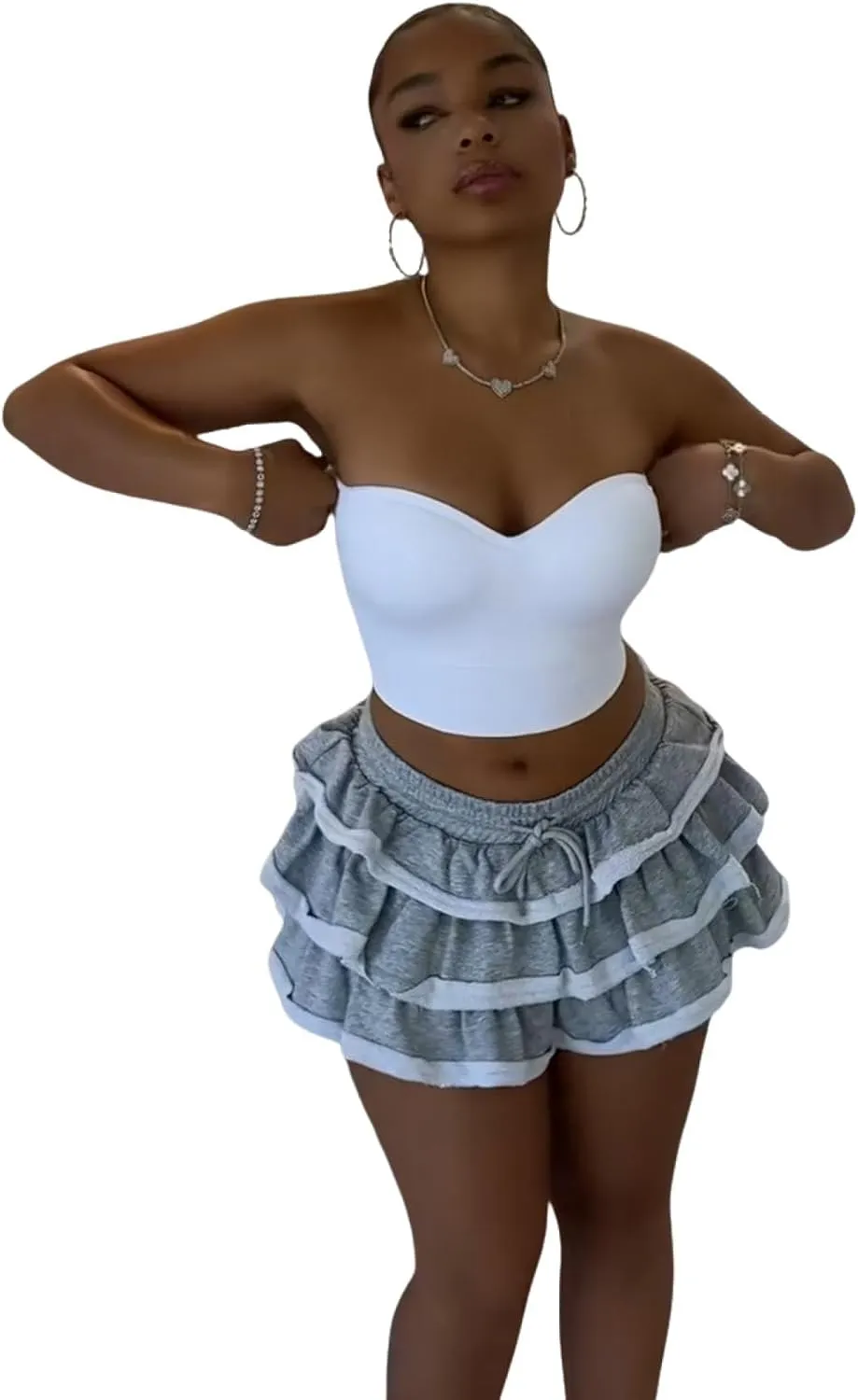 Women's Mini Skirt Y2k Women's Skirt Pleated Layered High Waist Ruffled Lace Skirt, Gray