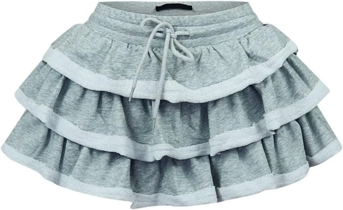 Women's Mini Skirt Y2k Women's Skirt Pleated Layered High Waist Ruffled Lace Skirt, Gray
