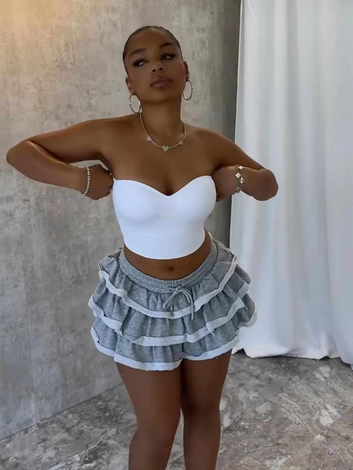Women's Mini Skirt Y2k Women's Skirt Pleated Layered High Waist Ruffled Lace Skirt, Gray