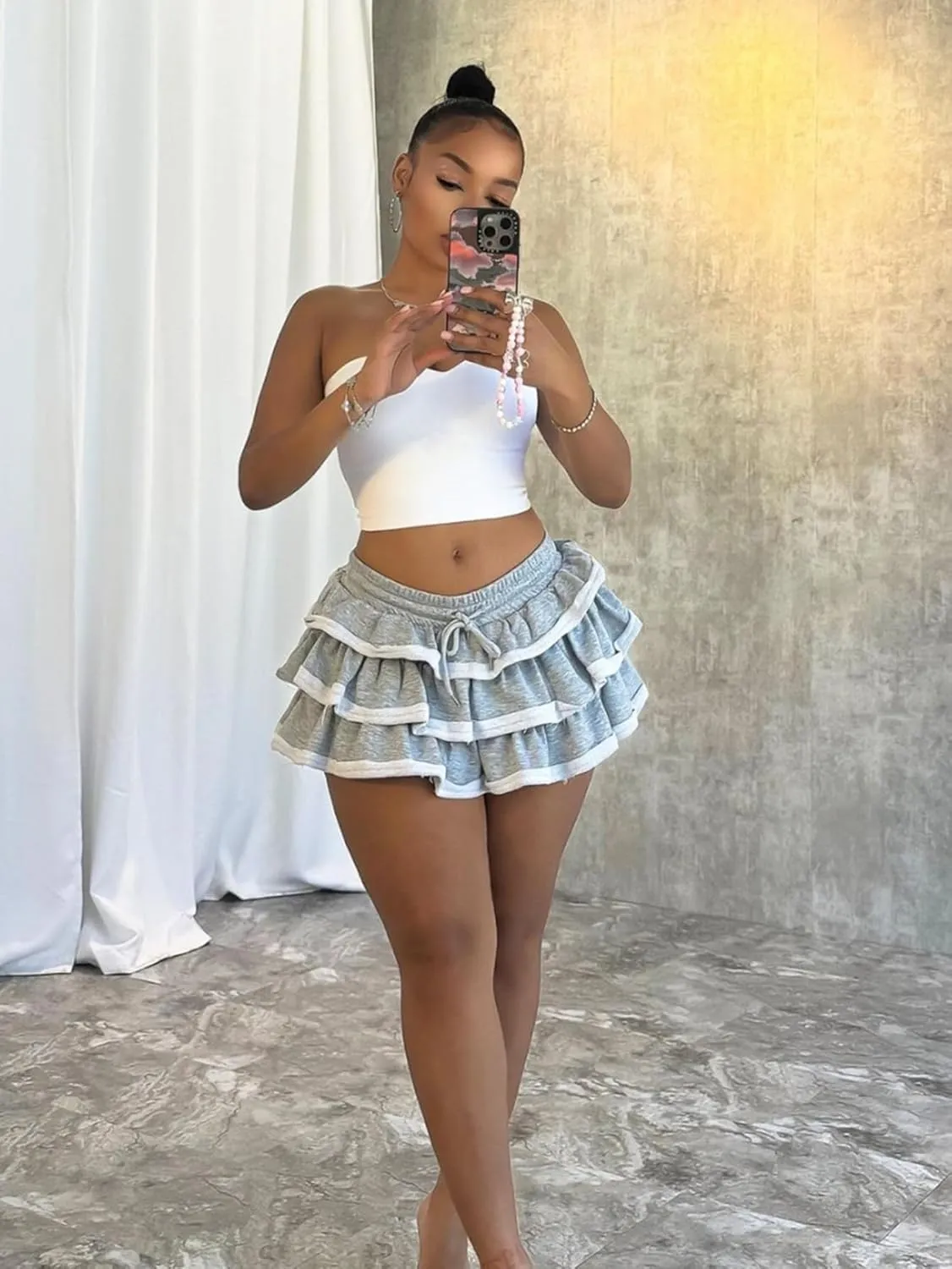 Women's Mini Skirt Y2k Women's Skirt Pleated Layered High Waist Ruffled Lace Skirt, Gray