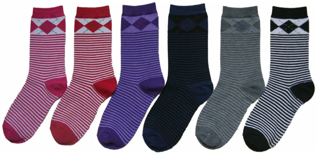 women's novelty crew socks - stripes w/ argyle tops prints - size 9-11 Case of 360