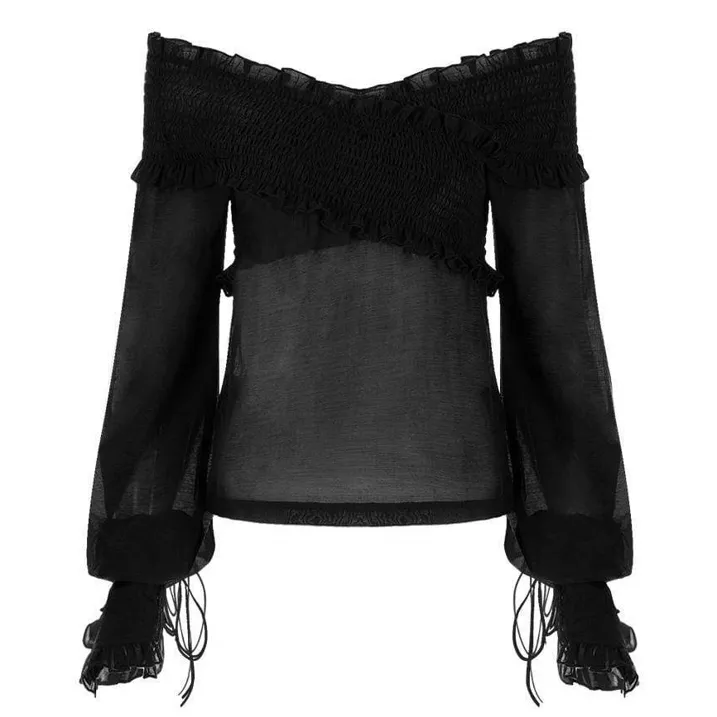 Women's Off Shoulder Lace-up Bubble Sleeved Sheer Tops