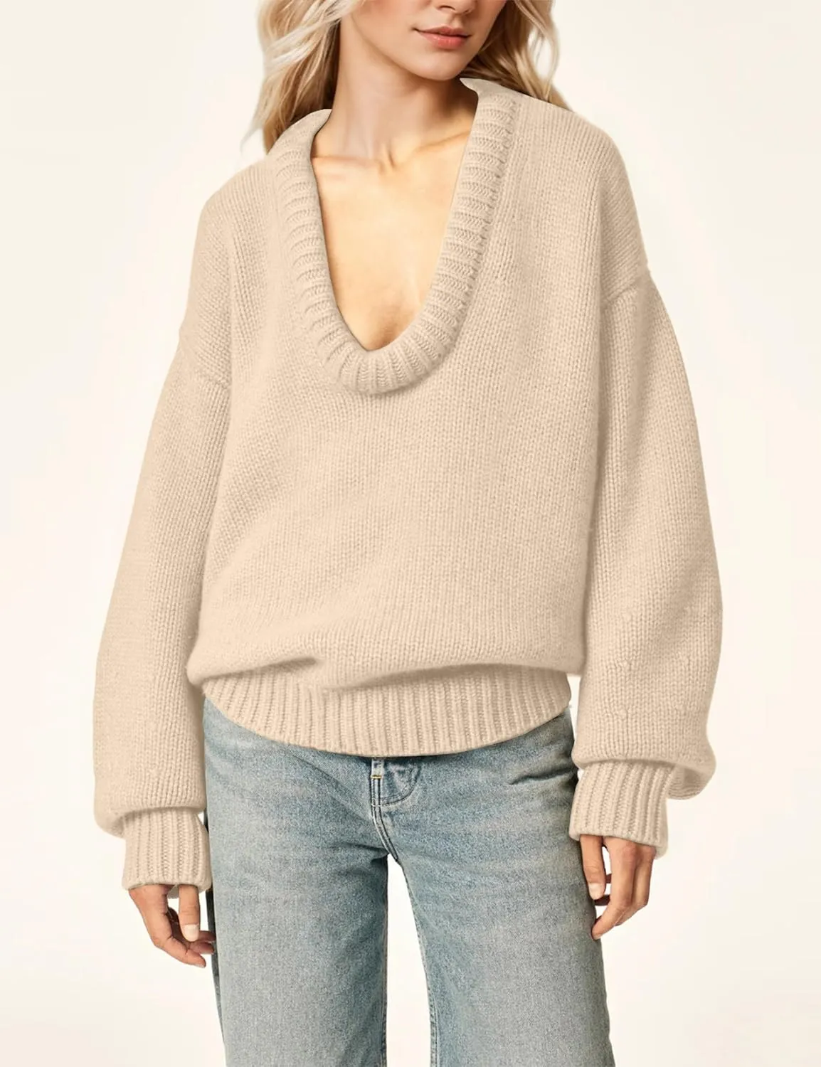 Women's Oversized U Neck Pullover Sweater Long Sleeve Knitted Sweater Chunky Trendy Fall Winter Sweater Tops