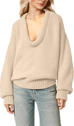 Women's Oversized U Neck Pullover Sweater Long Sleeve Knitted Sweater Chunky Trendy Fall Winter Sweater Tops