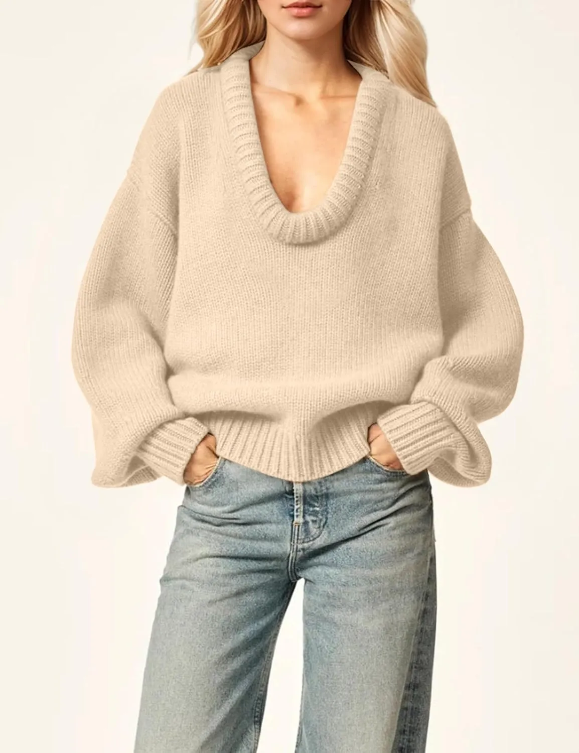 Women's Oversized U Neck Pullover Sweater Long Sleeve Knitted Sweater Chunky Trendy Fall Winter Sweater Tops