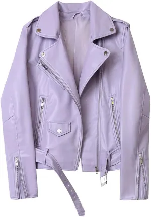 Womens Pastel Purple Biker Genuine Sheepskin Asymmetric Moto Caf Racer Streetwear Belted Basic Spring Sporty Leather Jacket (US, Alpha, X-Small, Regular, Regular)