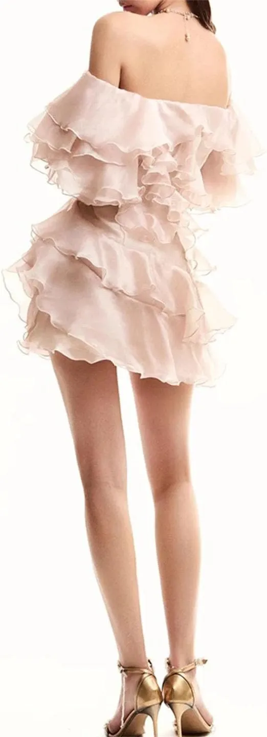 Women's Patchwork Applique Elegant Mini Dress Oblique Neck Raglan Sleeve Patchwork Ruffle Dress