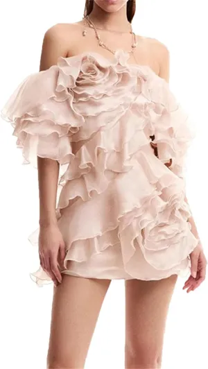 Women's Patchwork Applique Elegant Mini Dress Oblique Neck Raglan Sleeve Patchwork Ruffle Dress