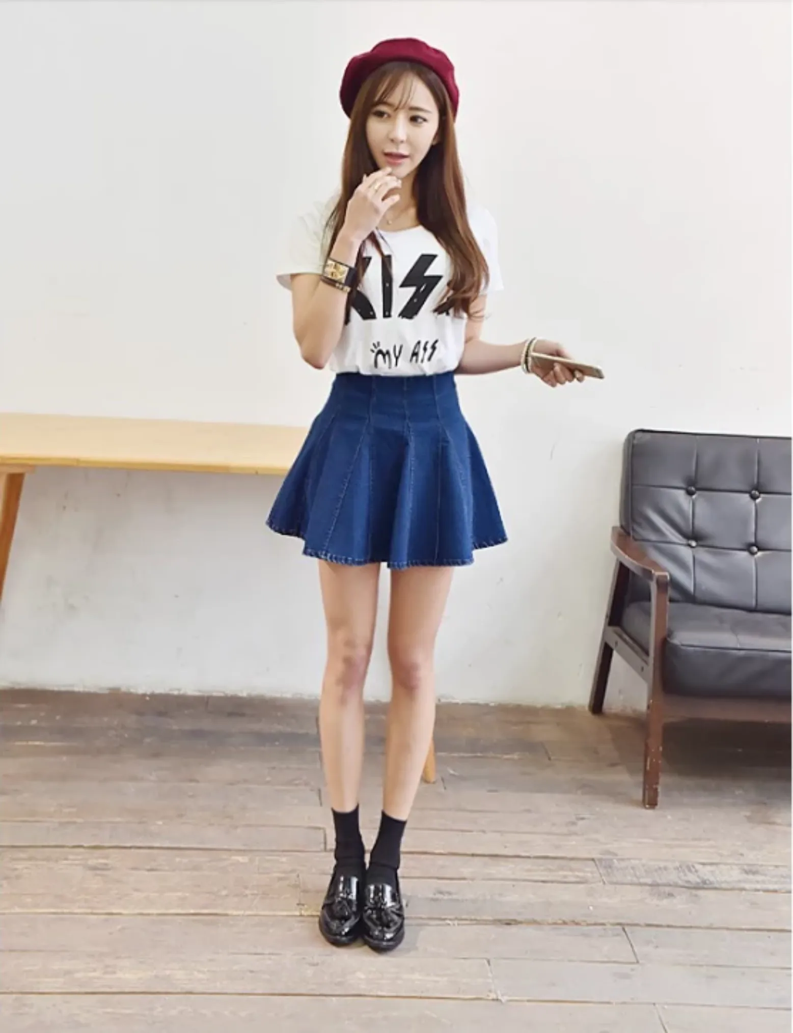 Women's Pleated High Waist Denim Mini Skirt