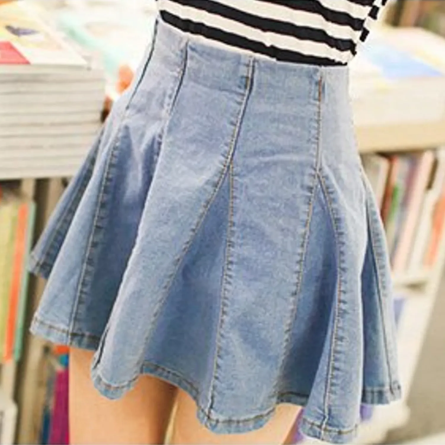 Women's Pleated High Waist Denim Mini Skirt