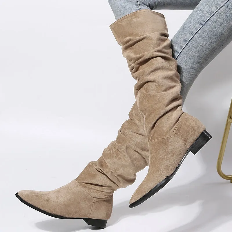 Women's Pleated Low Heel Knee High Microfiber Boots