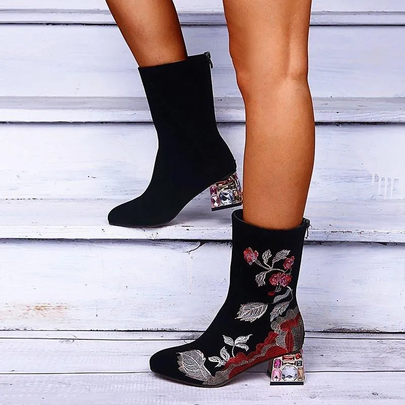 Women's retro floral embroidered boots square heel mid calf boots