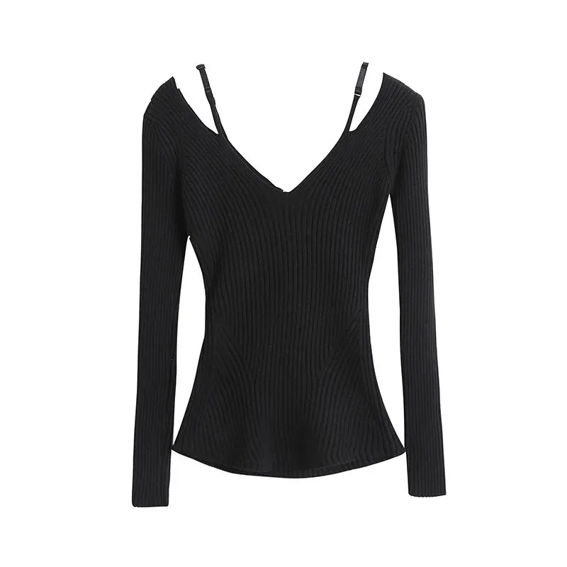Women's Retro Slim Off-Shoulder Cotton Blouse - Stretch Hollow Out Sweater with Shoulder Straps