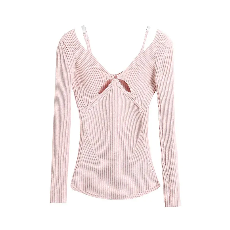Women's Retro Slim Off-Shoulder Cotton Blouse - Stretch Hollow Out Sweater with Shoulder Straps