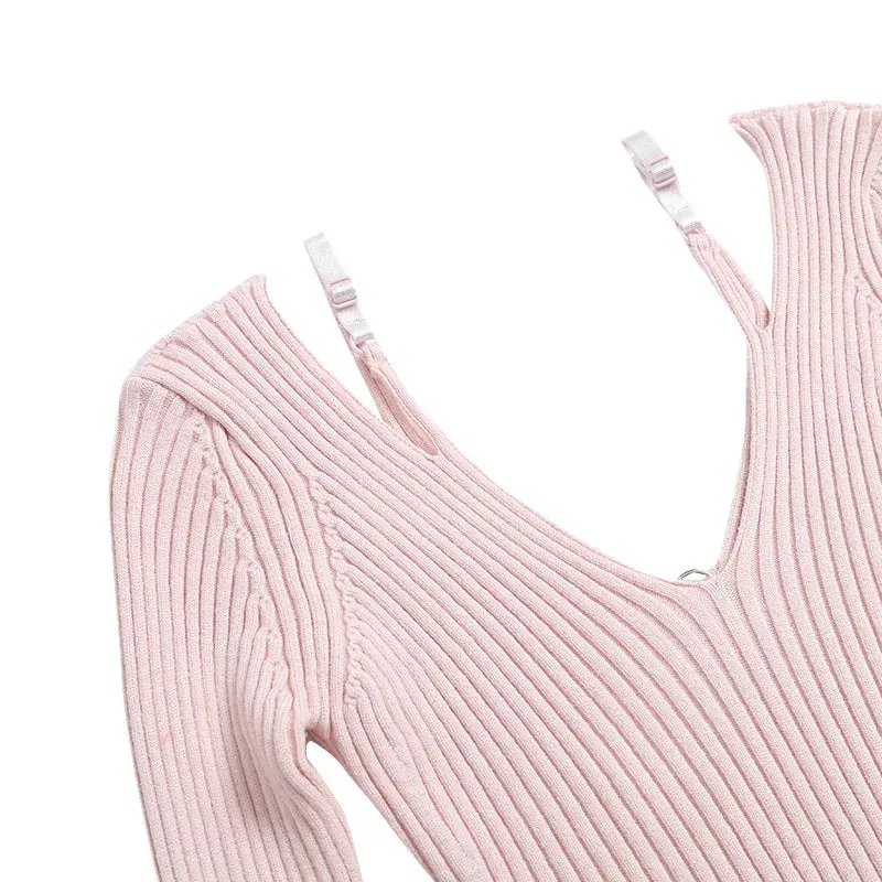 Women's Retro Slim Off-Shoulder Cotton Blouse - Stretch Hollow Out Sweater with Shoulder Straps