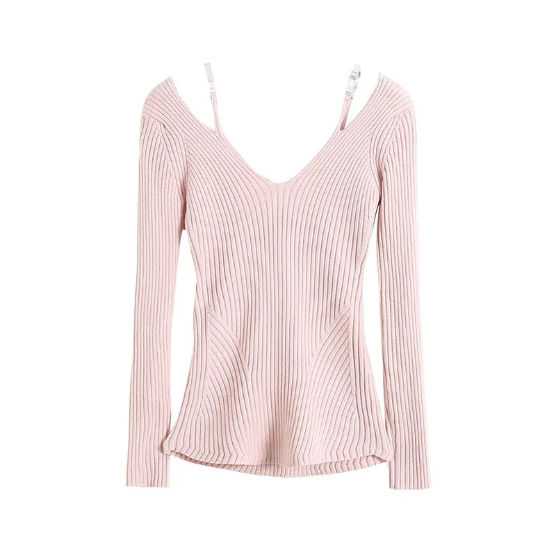Women's Retro Slim Off-Shoulder Cotton Blouse - Stretch Hollow Out Sweater with Shoulder Straps