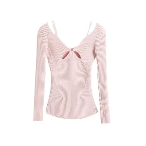 Women's Retro Slim Off-Shoulder Cotton Blouse - Stretch Hollow Out Sweater with Shoulder Straps