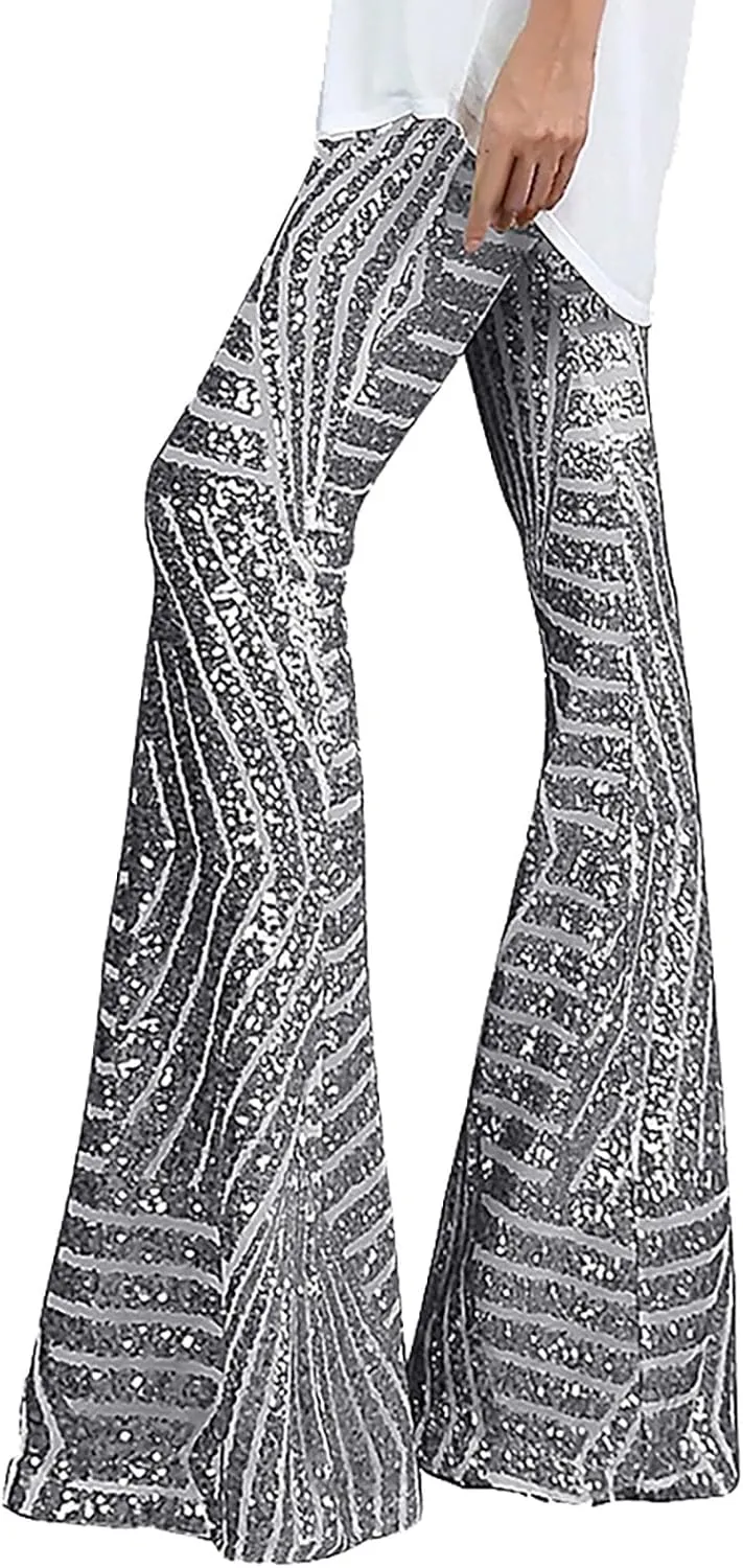 Womens Sequin Flare Pant Women Sequins Wide Leg Pants Fashion Shiny Hight Waist Flared High Waist Shiny Sequin