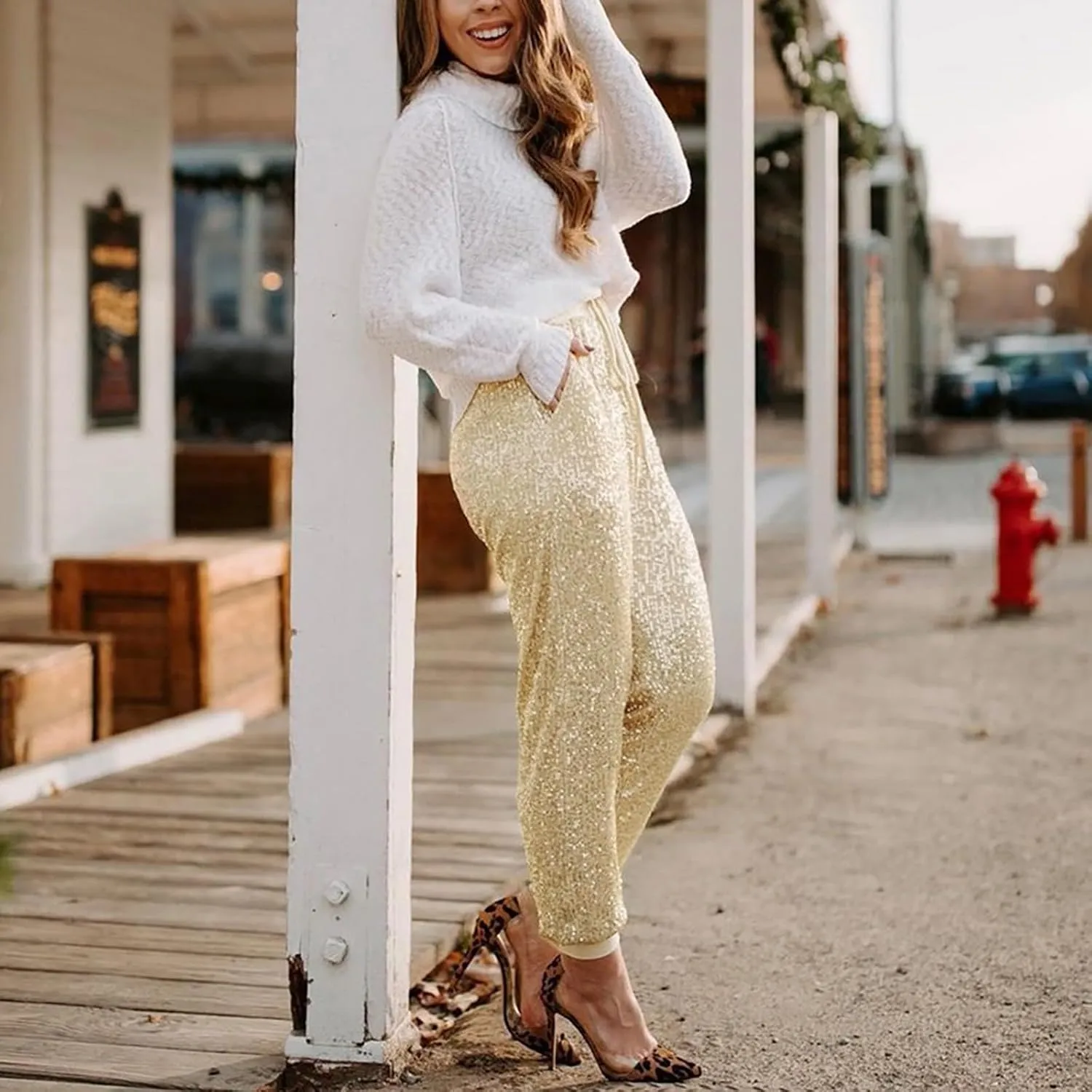 Womens Sequin Flare Pant Women Sequins Wide Leg Pants Fashion Shiny Hight Waist Flared High Waist Shiny Sequin