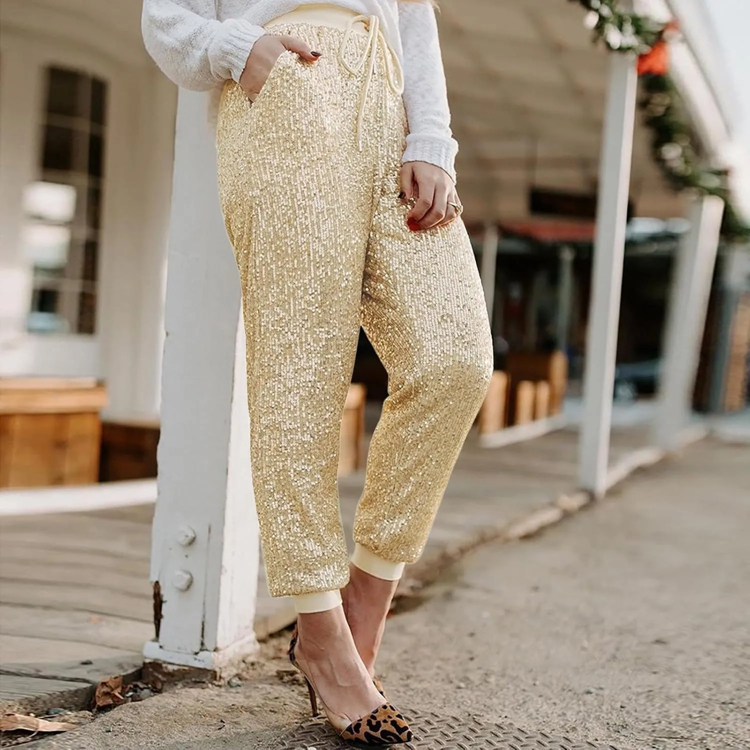 Womens Sequin Flare Pant Women Sequins Wide Leg Pants Fashion Shiny Hight Waist Flared High Waist Shiny Sequin