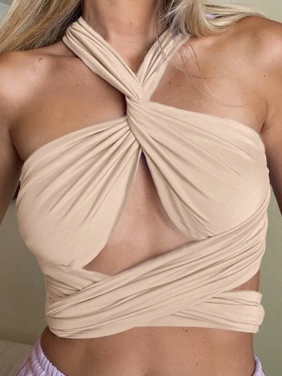 Women's Sexy Breast Wrap Strap Crop Top Solid Color One Piece Variable Style