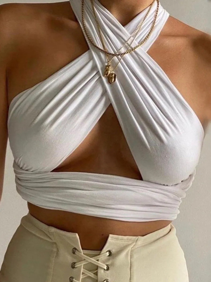 Women's Sexy Breast Wrap Strap Crop Top Solid Color One Piece Variable Style