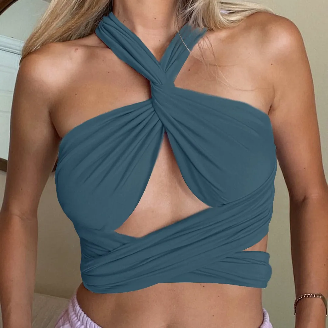 Women's Sexy Breast Wrap Strap Crop Top Solid Color One Piece Variable Style
