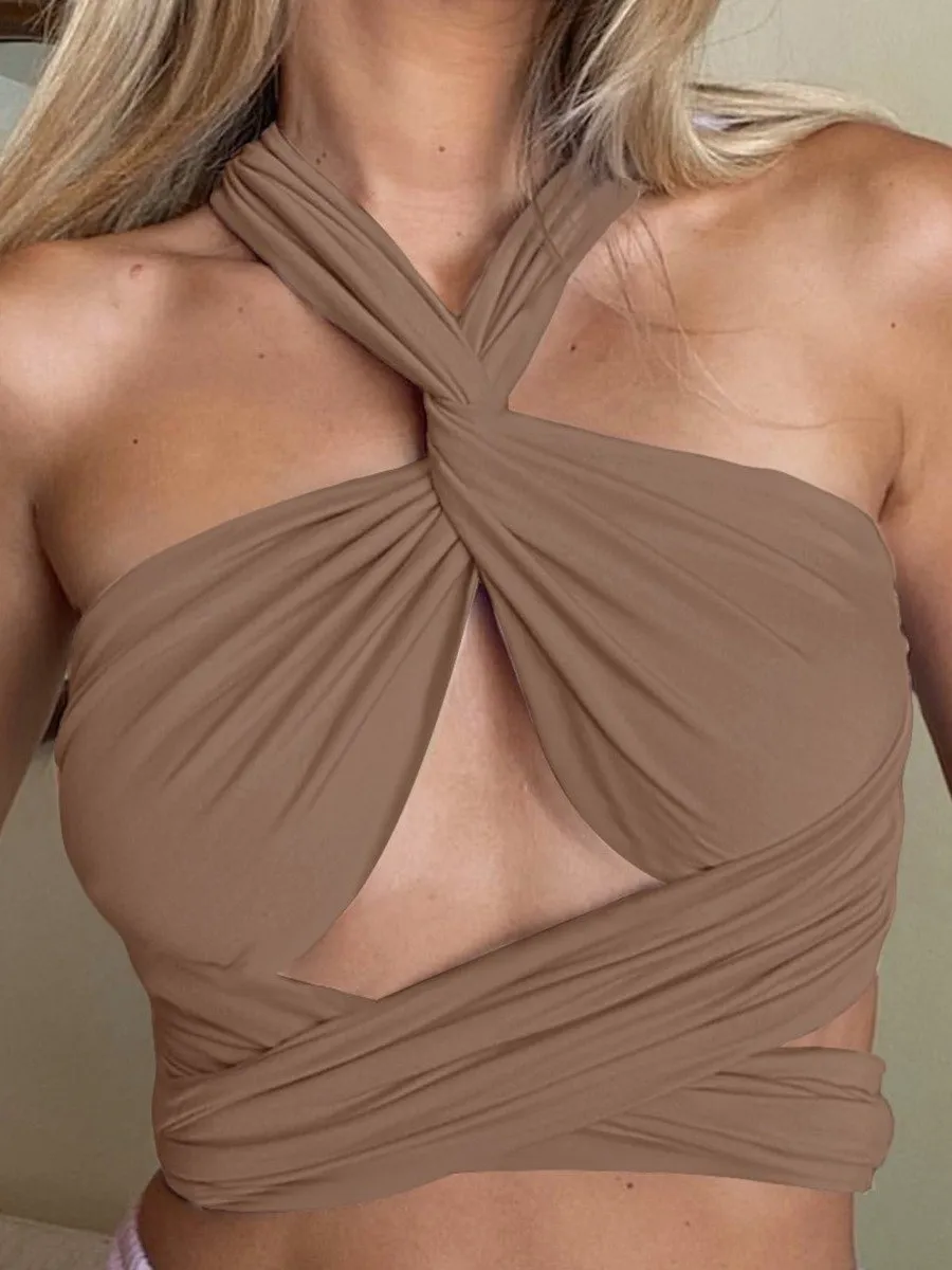 Women's Sexy Breast Wrap Strap Crop Top Solid Color One Piece Variable Style