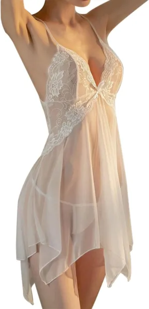Women's Sexy Floral Lace V Neck Sheer Mesh Cami Chemise Slip Dress Bowknot Decor Sleep Sheer Cami Spaghetti Dresses