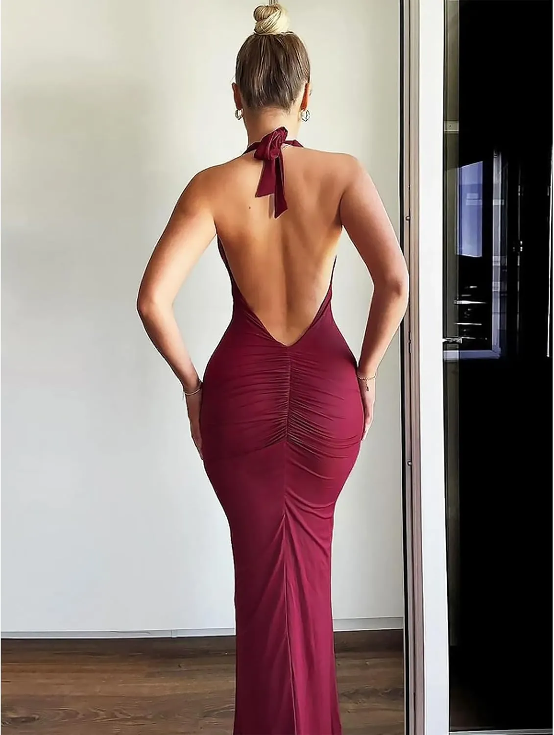Women's Sexy Sleeveless Summer Backless Deep V Tie Dresses Gathering Backless Slim Long Party Dresses Halter Dresses