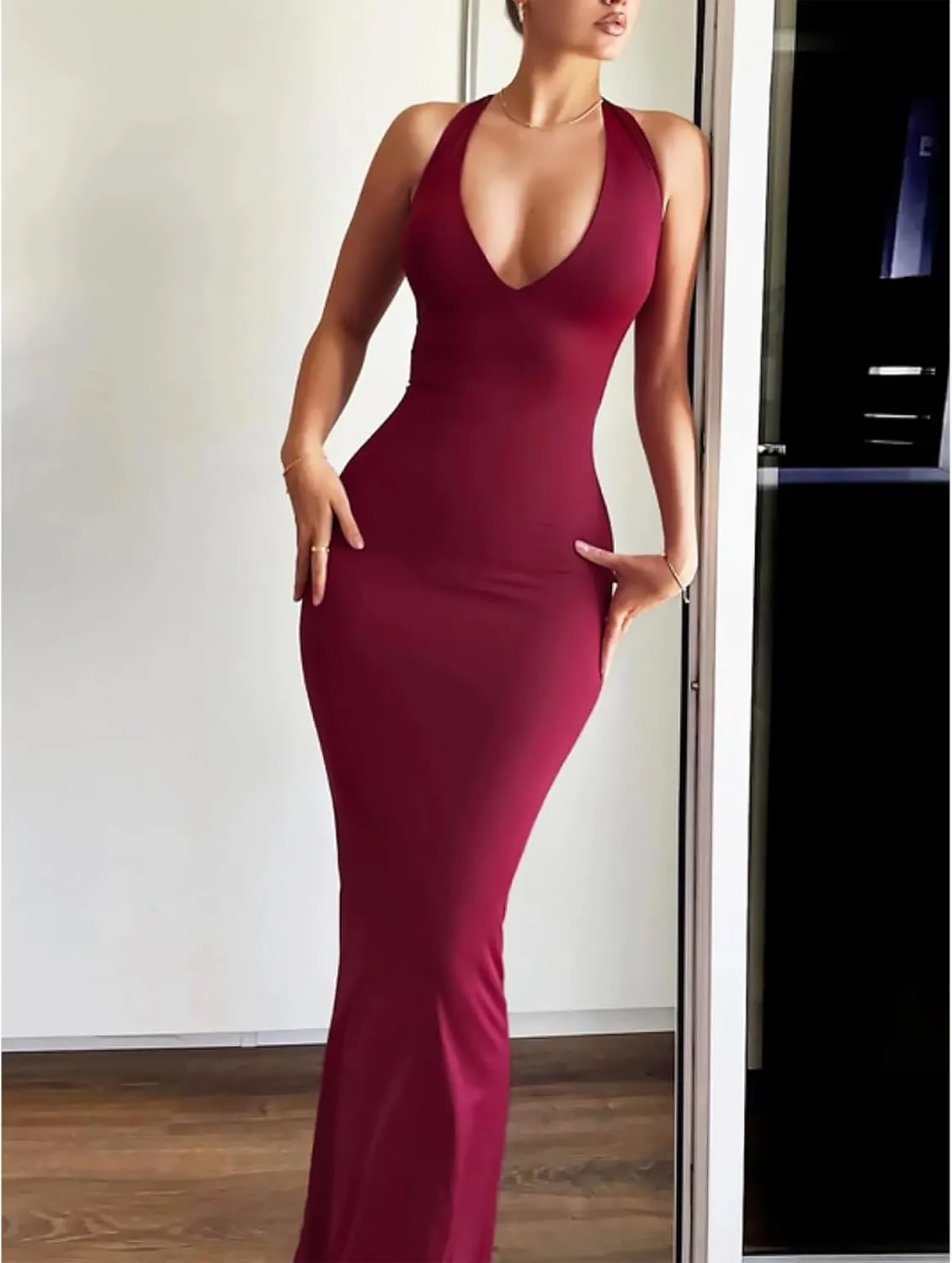 Women's Sexy Sleeveless Summer Backless Deep V Tie Dresses Gathering Backless Slim Long Party Dresses Halter Dresses