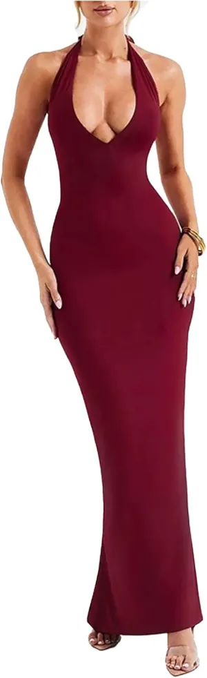 Women's Sexy Sleeveless Summer Backless Deep V Tie Dresses Gathering Backless Slim Long Party Dresses Halter Dresses