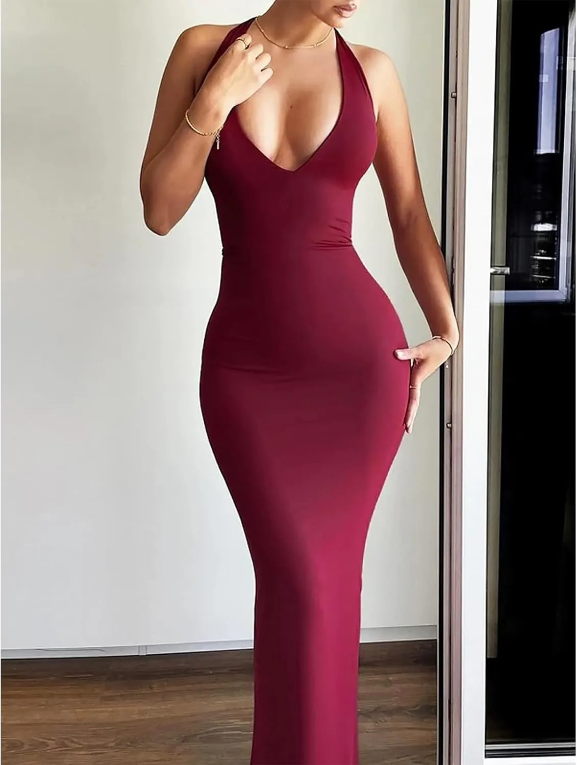 Women's Sexy Sleeveless Summer Backless Deep V Tie Dresses Gathering Backless Slim Long Party Dresses Halter Dresses