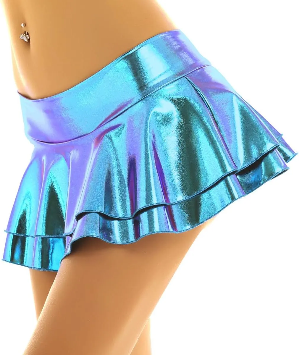 Women's Shiny Flared Pleated Mini Skater Skirt Solid Novelty Metallic Ruffle Lingerie Skirts
