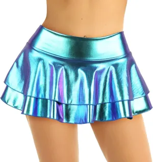 Women's Shiny Metallic Liquid Pleated Flared Mini Skirts Flirty Ruffle Mini Skater Skirt