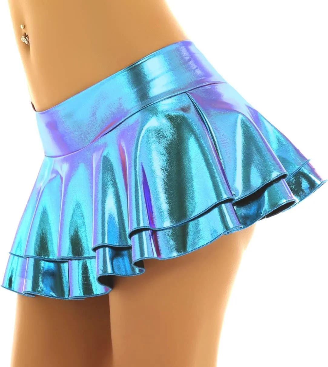 Women's Shiny Metallic Liquid Pleated Flared Mini Skirts Flirty Ruffle Mini Skater Skirt