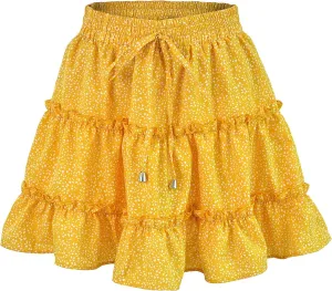 Women's Skirt Summer Flowers Printed High Waist Drawstring Layered Ruffles Boho A-Line Pleated Skater Mini Skirt (Color : D, Size : Medium)