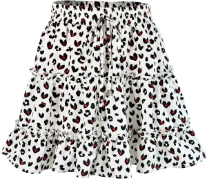 Women's Skirt Summer Flowers Printed High Waist Drawstring Layered Ruffles Boho A-Line Pleated Skater Mini Skirt (Color : F, Size : X-Large)